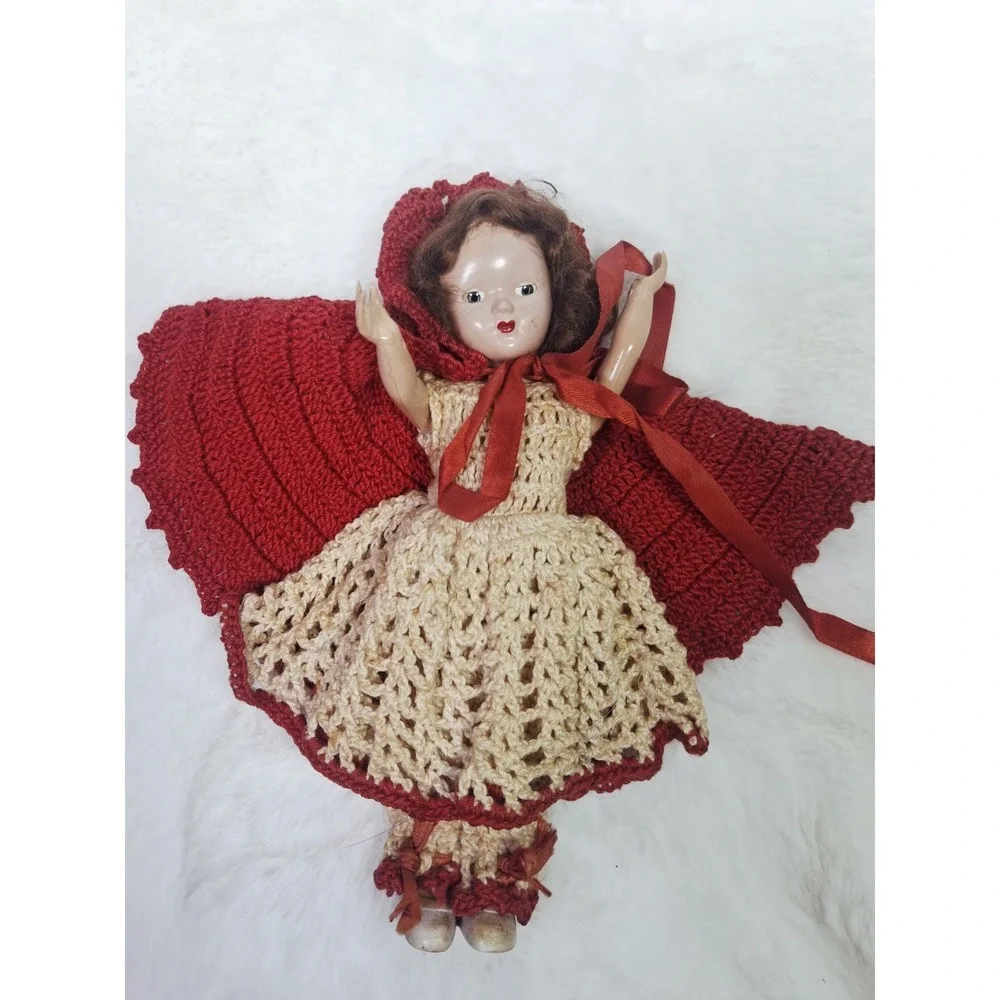VTG Little Red Riding Hood Doll & Crochet Handmade Crochet Cape Dress Pants RARE